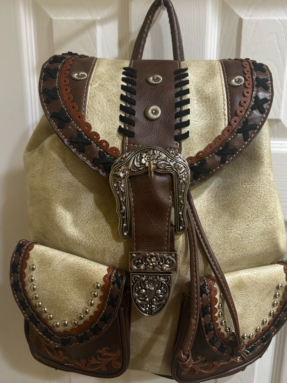 Women's Cream with a Metallic Gold & Brown &Silver Embellished Backpack Tote